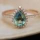 Rose Gold Engagement Ring Teal Blue Green Sapphire Pear Cut Halo Engagement Ring 14k Rose Gold