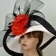 Woman White Black Strips Hat Red Flower Church Wedding Hat Head Piece Kentucky Derby Hat Bridal Coctail Hat Couture Fascinator  Bridal Hat
