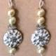Czech Glass, Boho, Hand Crafted, Beaded Earrings in  Czech Glass and Silver Wash Patina Beads with Cream Goldtone Colored Glass Pearls.