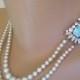 Pearl And Aquamarine Rhinestone Necklace, Blue Topaz Rhinestone Choker, 2 Strand Ivory Pearls, Vintage Pearls, Bridal Pearls, Art Deco Style
