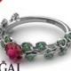 Unique Engagement Ring 14K White Gold Leafs And Branches Vintage Ruby With Green Emerald - Sydney Leafs Engagement Ring