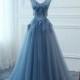 Custom Color Bridal Gown Sexy V-neck Low Back Women Formal Evening Prom Party Dresses Long Blue Beaded Lace Flowers Dresses Special Occasion