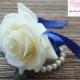 Wrist Corsage, Off White Rose with Royal Blue ribbon on pearl bracelet