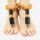 Beaded barefoot sandals, ethno boho foot jewelry, black orange, hot trends, beach foot thongs, hippie shoes