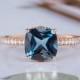 London Blue Topaz Engagement Ring Cushion Cut Rose Gold Half Eternity Diamond Ring Solitaire Art Deco Filigree Women Flower Floral Vine