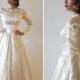 Vintage 1940s Champagne Slipper Satin Wedding Dress with Intricate Lace Details and Collar
