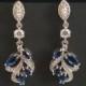 Bridal Sapphire Earrings, Navy Blue Silver Cluster Earrings, Wedding Floral Cubic Zirconia Earrings, Bridal Dangle Earrings, Bridal Jewelry