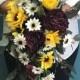 Crimson Peony Sunflowers & Daisy Cascading Silk Bouquet-Peony Bridal Bouquet-Sunflowers-Daisies-Burgundy Sunflower Wedding-Burgundy Peonies