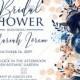 Bridal shower invitation royal navy blue rose peony indigo watercolor pdf online editor 5''*7''