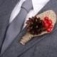 Winter wedding rustic pine cone burlap boutonniere with red berries, woodland wedding, Groom flowers