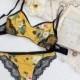 Bumblebee and Floral 'Honey' Botanical Lingerie Set with Black Lace Handmade to Order in Your Size