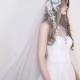 White Boho Bridal Veil with Floral Lace Detail, Wedding Veil, White Mantilla Veil, Drop Tulle Veil,
