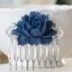 Navy Blue Rose Flower Silver Bridal Hair Comb Silver Filigree Dark Blue Floral Hair Comb Navy Blue Wedding Hair Accessory Bridesmaid Gift