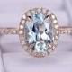 6x8mm Aquamarine Engagement ring/14k rose gold diamond band/Halo Stacking ring/art deco bridal ring/Oval cut promise wedding ring/Bezel set