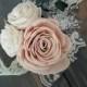 Rose corsage,  wrist corsage,  sola flower,  wedding flower,  prom corsage,  mother of the bride,  wooden flower corsage, blush corsage