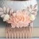 Peach Rose Comb, Bridal Hair Comb, Rose Gold Branches, Rose Gold Comb, Floral Collage Comb, Bridal Hair Piece Roses and Leaves Peach Wedding