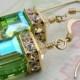 Peridot Green Earrings, Peridot Swarovski Crystal Cube, Gold Filled, Drop Earrings, Bridesmaid Wedding Jewelry, August Birthday Birthstone