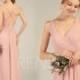 Bridesmaid Dress Blush Long Chiffon Prom Dress for Women Ruched V Neck A-line Party Dress (H757)