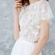 GABRIELLE - Ivory Lace Wedding Top with Wide Short Sleeves for Boho Bride, Sheer Bridal Lace Top with 3D Decor and Pearly Button Back