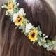 Sunflower succulent crown, bridal flower crown wedding, ivory yellow succulent crown, eucalyptus crown, baby’s breath flower crown