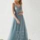 Bridesmaid Dress Dusty Blue Tulle Dress Wedding Dress Illusion V Neck Maxi Dress Backless Party Dress Lace Applique Evening Dress(LS361)