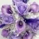 Wedding bouquet, Bridal bouquet, Purple lavender Rose bouquet, Roses calla lilies with feathers and silver Bling bouquet