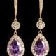 Amethyst Cubic Zirconia Gold Earrings, Purple Gold Chandelier Earrings, Wedding Amethyst Teardrop Halo Earrings, Purple Bridal Jewelry