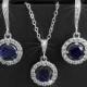 Navy Blue Halo Jewelry Bridal Set, Wedding Blue Silver Earrings&Necklace Set, Dark Blue Crystal Jewelry Set, Navy Blue Round Jewelry Set