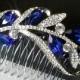 Royal Blue Bridal Hair Comb, Sapphire Silver Rhinestone Hair Piece, Wedding Cobalt Blue Crystal Headpiece Bridal Navy Blue Floral Hair Piece