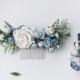 Something blue, pale blue hairpiece, Blue and white headpiece, greenery comb, floral hair comb, floral hair piece, blue hair clip, bridal ha