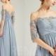 Dusty Blue Chiffon Bridesmaid Dress Wedding Dress Half Sleeve Maxi Dress Illusion Lace Boat Neck Prom Dress V Back A-line Party Dress(H727)