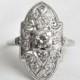 PLATINUM and Diamond Antique Cocktail or Dinner Ring - Shield Style Art Deco Ring - GIA G.G. Appraisal Incl 2,360 Usd!