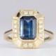 2.43ctw Emerald Cut Sapphire Ring Diamond Halo 14K Yellow Gold Statement Blue Teal Parti Art Deco Unique OOAK Alternative Bride AD1813