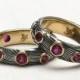 Stainless Steel Damascus Rings Lined in 18K Gold with Rubies