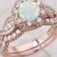 14K Vintage Rose Gold Opal Engagement Ring And Wedding Band Bridal Set in 14K Pink Gold