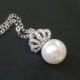 White Pearl Crown Bridal Necklace, Swarovski 10mm Pearl Silver Necklace, Pearl Tiara Necklace, Pearl CZ Crown Pendant, Pearl Bridal Jewelry