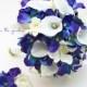 Blue Orchid White Calla Bridal or Bridesmaid Bouquet - add a Groom's or Groomsman Boutonniere - Blue White Wedding Flower Bouquet
