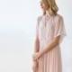 Pink dots chiffon sheer maxi dress, Chiffon blush dress with bat-wings sleeves 1047