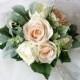 Wedding Boho Bouquet Natural Touch Ivory Peonies and Blush Roses with Faux Lamb's Ear Eucalyptus and grape leaves Silk Wedding Bouquet