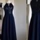 Custom Made Charming Chiffon With Top Sequin Navy Blue Bridesmaid Dress, Sleeveless Full Length Sequin Evening Prom Dress, Wedding Party