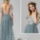 Bridesmaid Dress Dusty Blue Tulle Dress Wedding Dress Lace Ruffle Sleeve Party Dress Round Neck Maxi Dress Open Back Evening Dress(LS408)