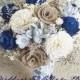 Navy Blue Silver Burlap Sola Bouquet, Sola Flowers, Navy Silver Wedding Bouquet, Wedding Flowers, Rustic Chic, Bridal Accessories, Keepsake