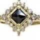Black Princess Diamond Engagement Ring with White Diamond Halo and Band