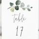 Wedding Table Number Card Template with Hand-Painted Watercolor Eucalyptus, Printable Greenery Seating Card, Editable Template, AB17_01_040