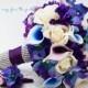 Blue Orchid Picasso Calla Bridal or Bridesmaid Bouquet - add a Groom's or Groomsman Boutonniere - Blue Purple Plum White Wedding Bouquet