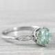 Mint green Moissanite and diamond art deco 1920's inspired engagement engraved thin ring handmade in gold or platinum