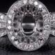 Vintage Art Deco Diamond Halo Engagement Ring Setting Oval 10X8 3Ct Semi Mount Geometric Antique Style (9167)