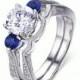 925 Sterling Silver Sapphire Cz Engagement Wedding Ring Set Size 5 SS791