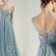 Bridesmaid Dress Dusty Blue Tulle Wedding Dress Lace Half Sleeves Beaded V Neck Formal Dress Long A-line Bridesmaid Dress (LS589)