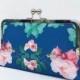 clutch bag, floral clutch, personalised evening purse with pink roses on navy blue, autumn wedding